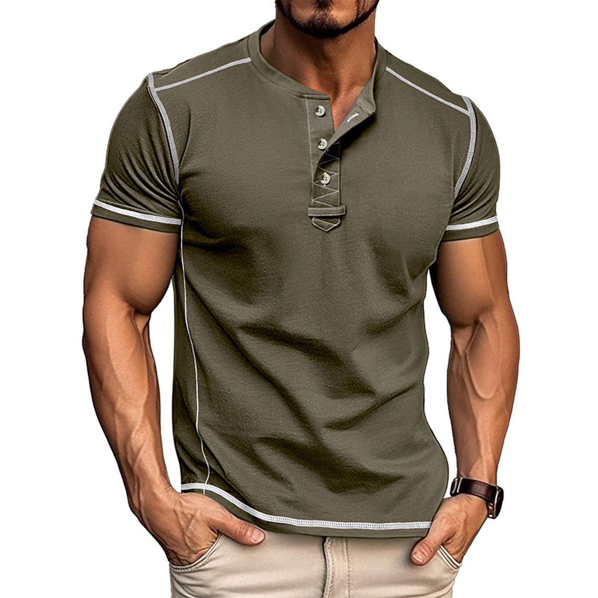 T-shirt Henley ajusté pour homme avec surpiqûres contrastées