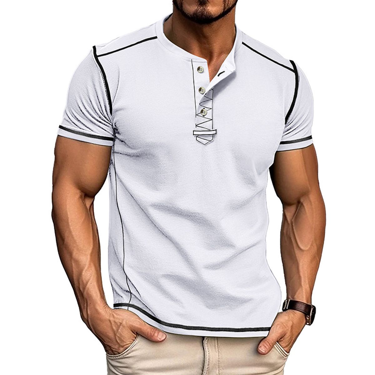 T-shirt Henley ajusté pour homme avec surpiqûres contrastées