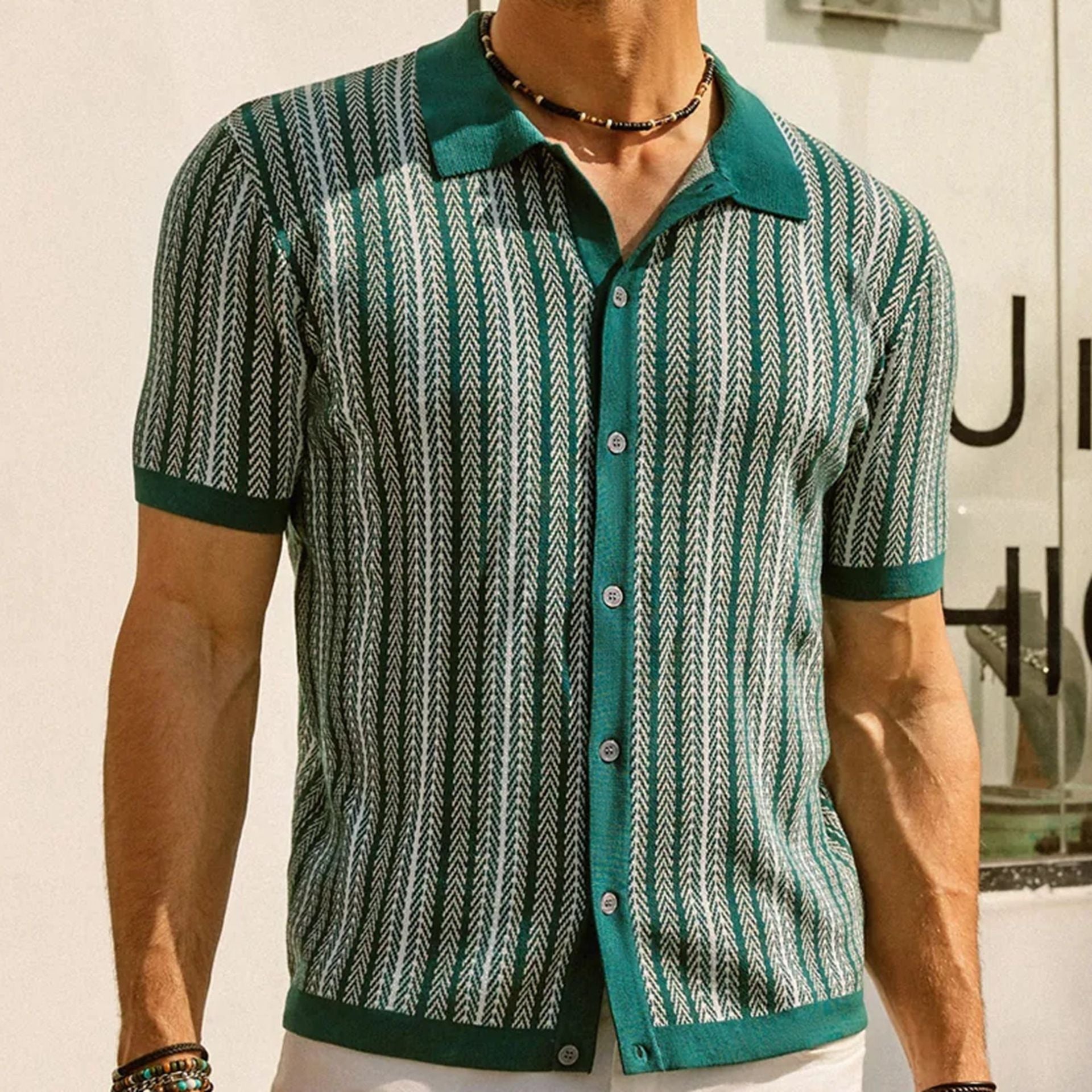 Men’s Retro Chevron Knit Button-Up Polo Shirt