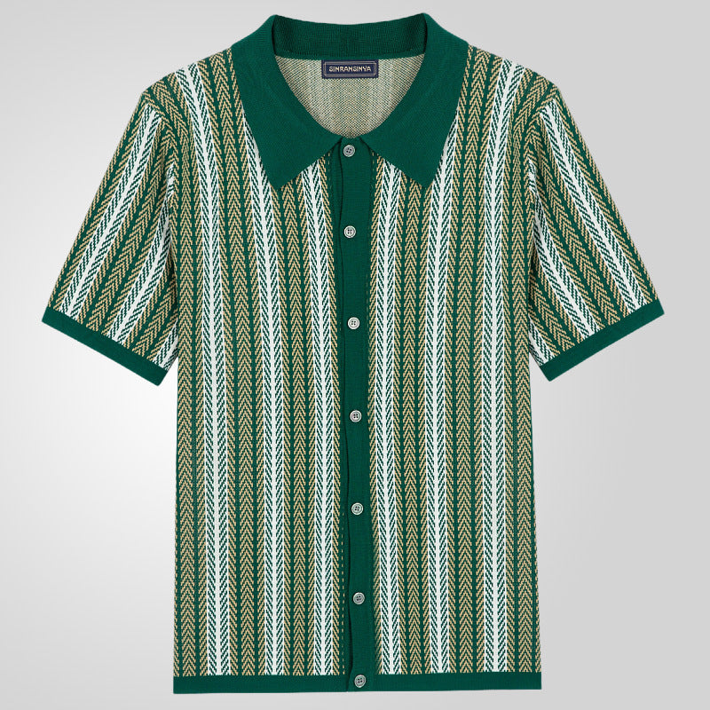 Men’s Retro Chevron Knit Button-Up Polo Shirt