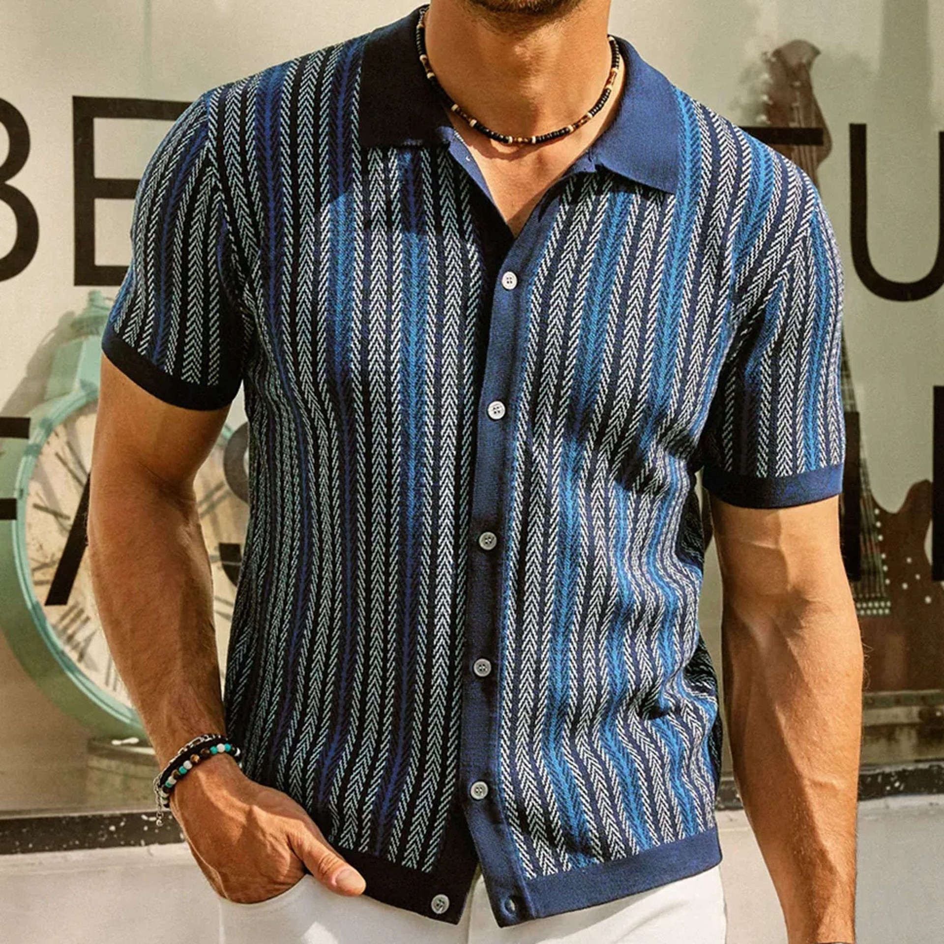 Men’s Retro Chevron Knit Button-Up Polo Shirt