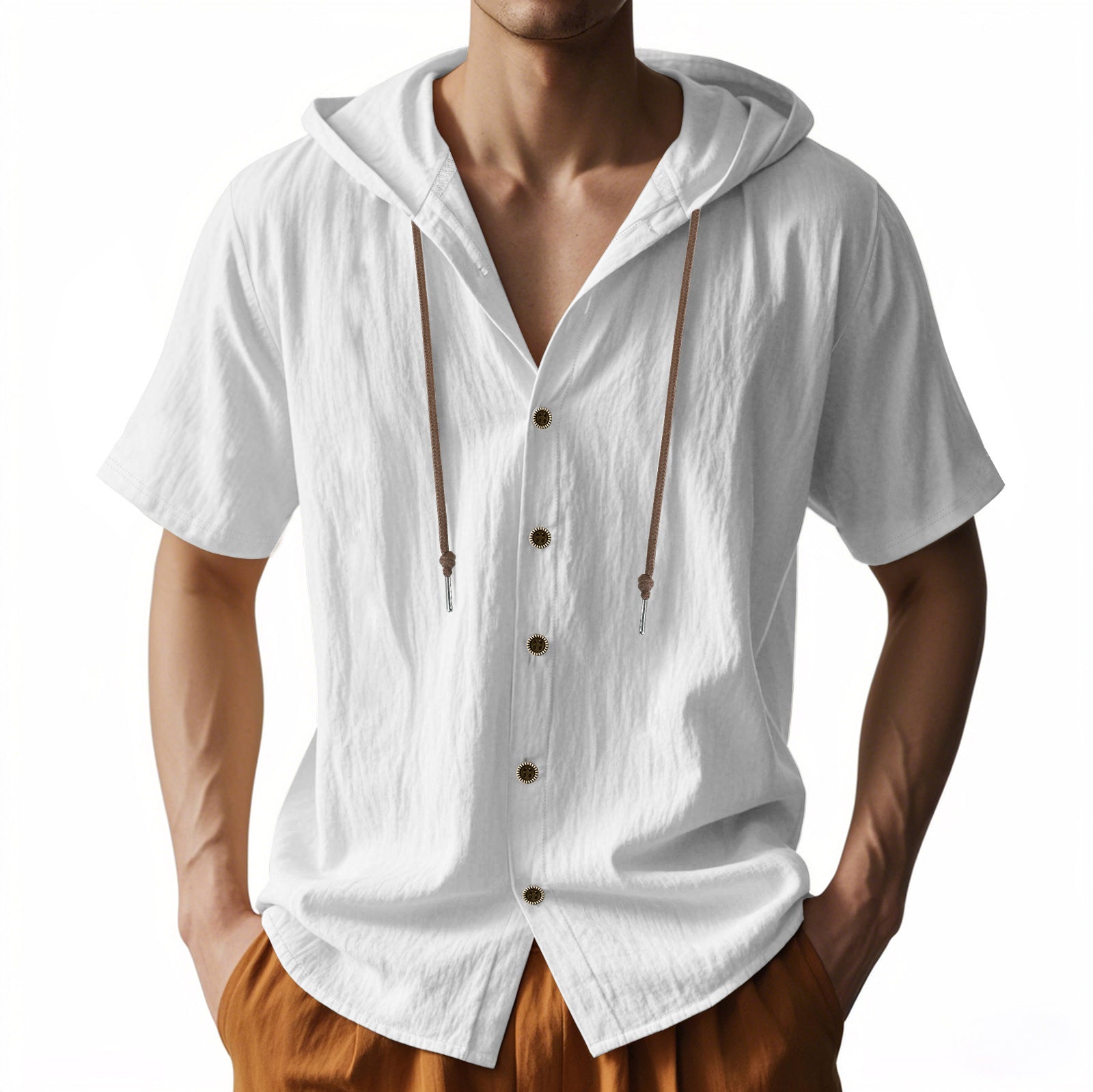 Men’s Short Sleeve Button-Up Drawstring Hooded Shirt