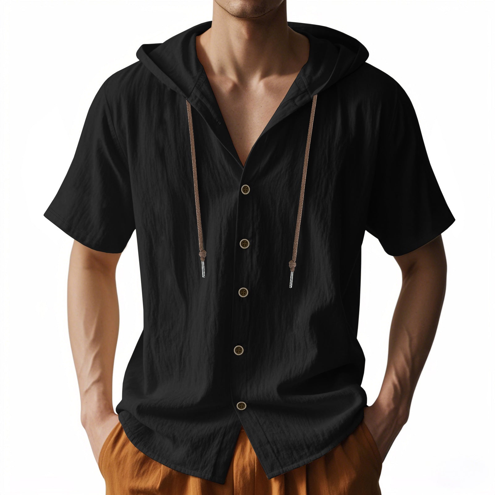 Men’s Short Sleeve Button-Up Drawstring Hooded Shirt