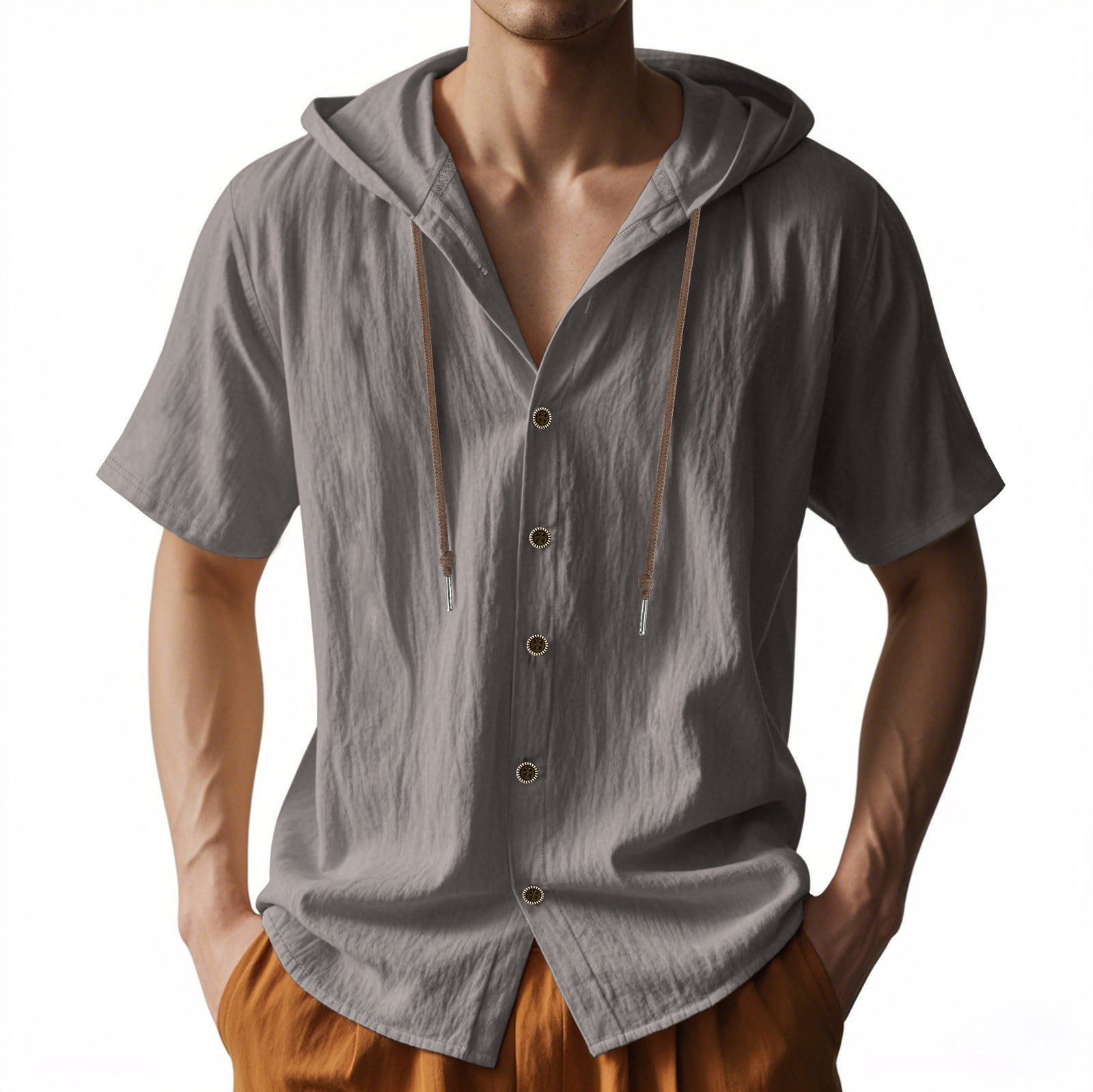 Men’s Short Sleeve Button-Up Drawstring Hooded Shirt