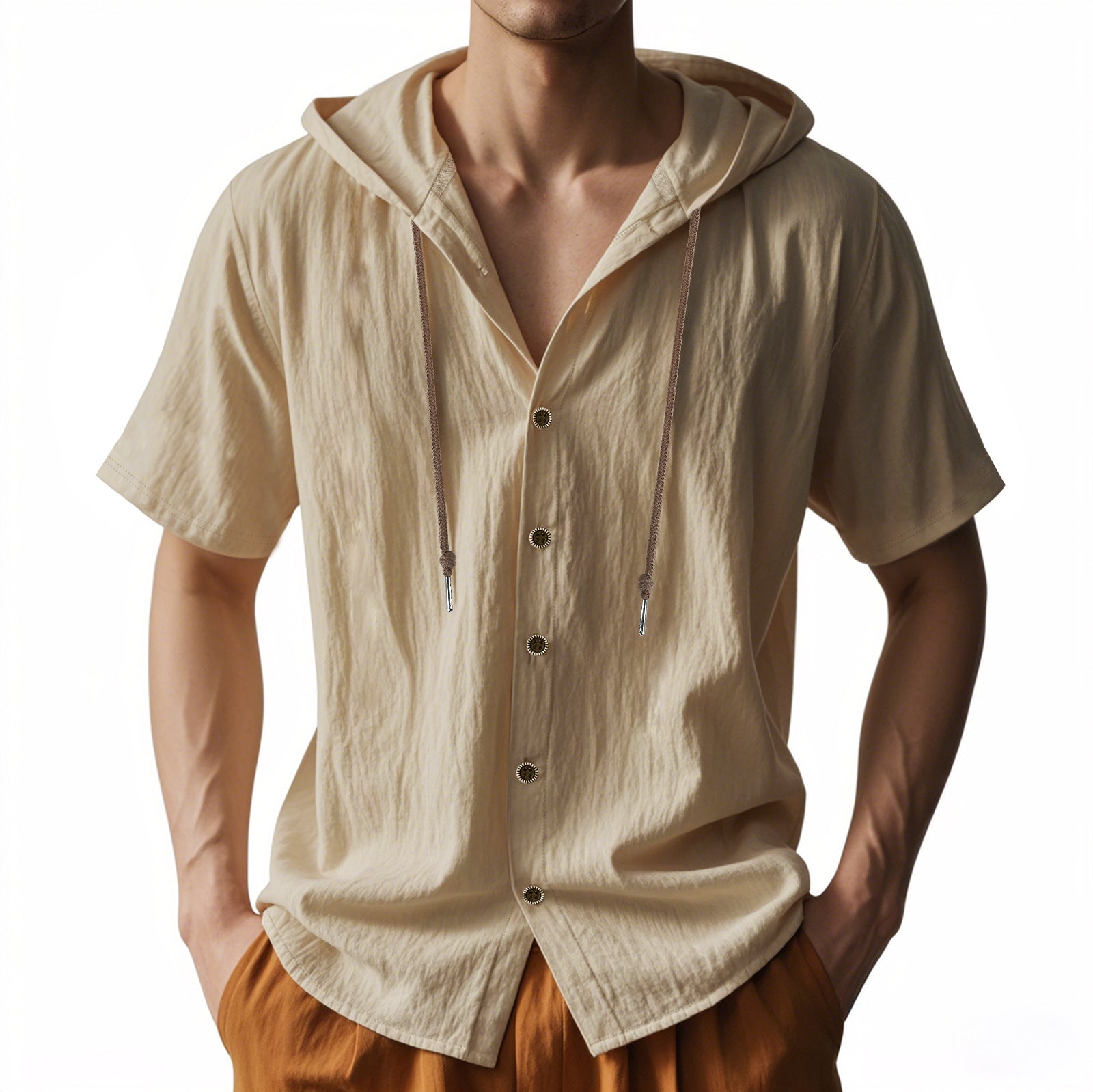 Men’s Short Sleeve Button-Up Drawstring Hooded Shirt