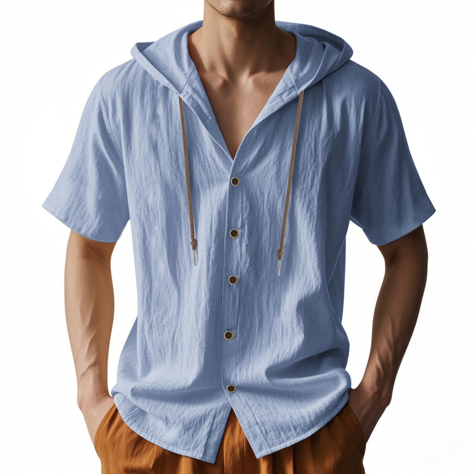 Men’s Short Sleeve Button-Up Drawstring Hooded Shirt
