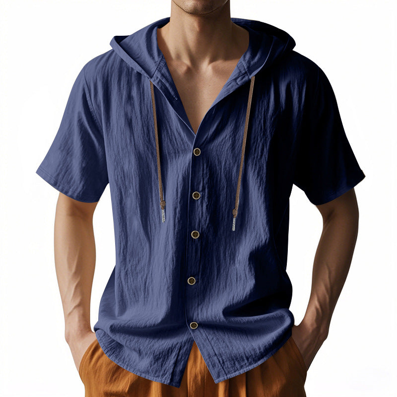 Men’s Short Sleeve Button-Up Drawstring Hooded Shirt