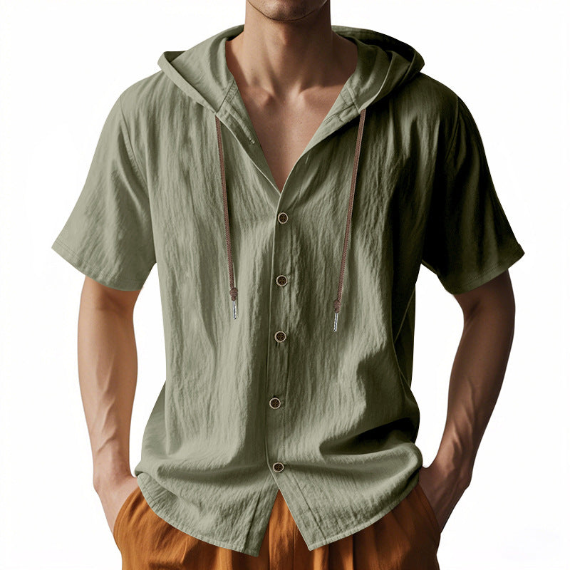 Men’s Short Sleeve Button-Up Drawstring Hooded Shirt