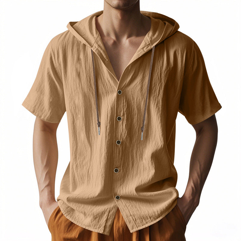 Men’s Short Sleeve Button-Up Drawstring Hooded Shirt