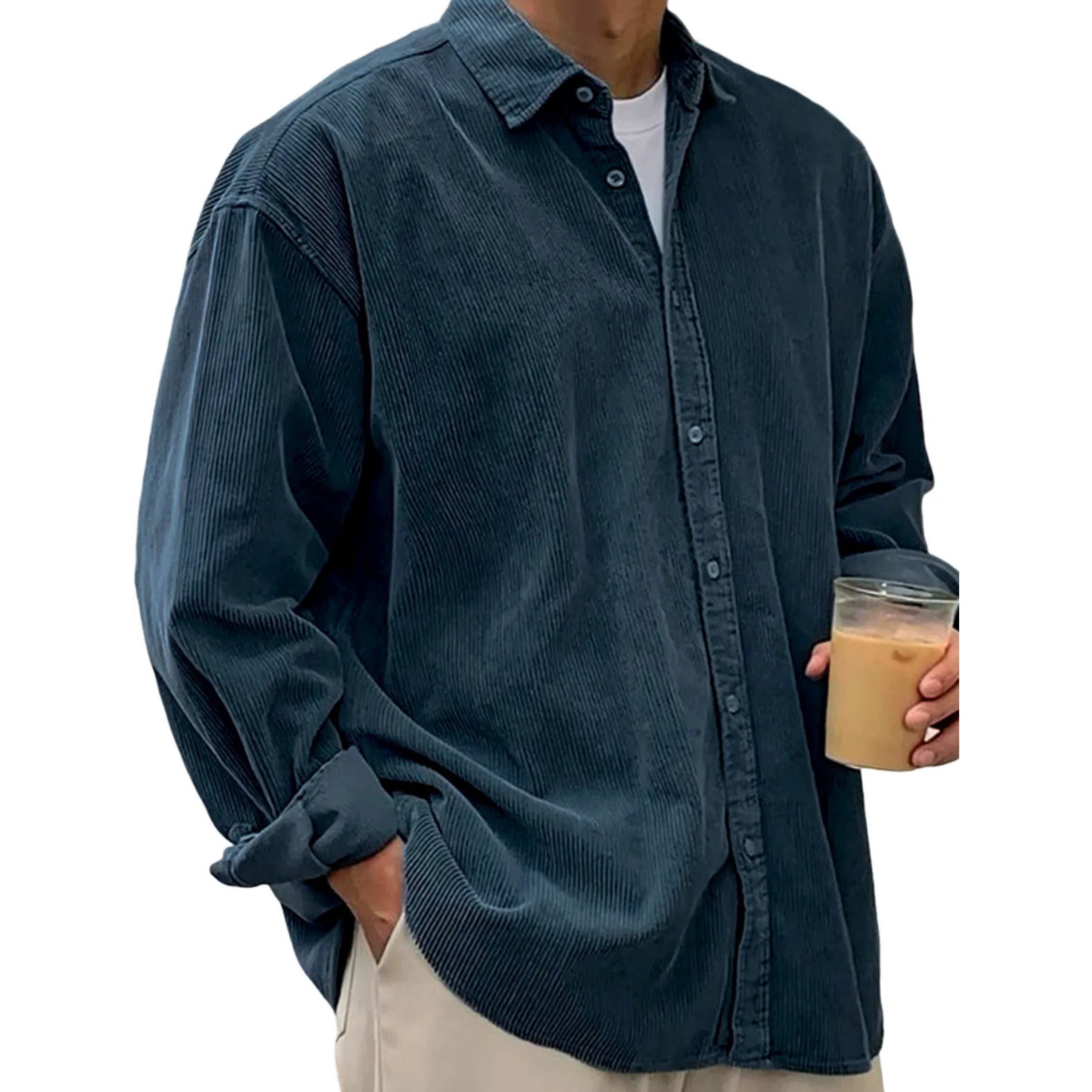 Men’s Soft Corduroy Button-Up Pleated Shirt