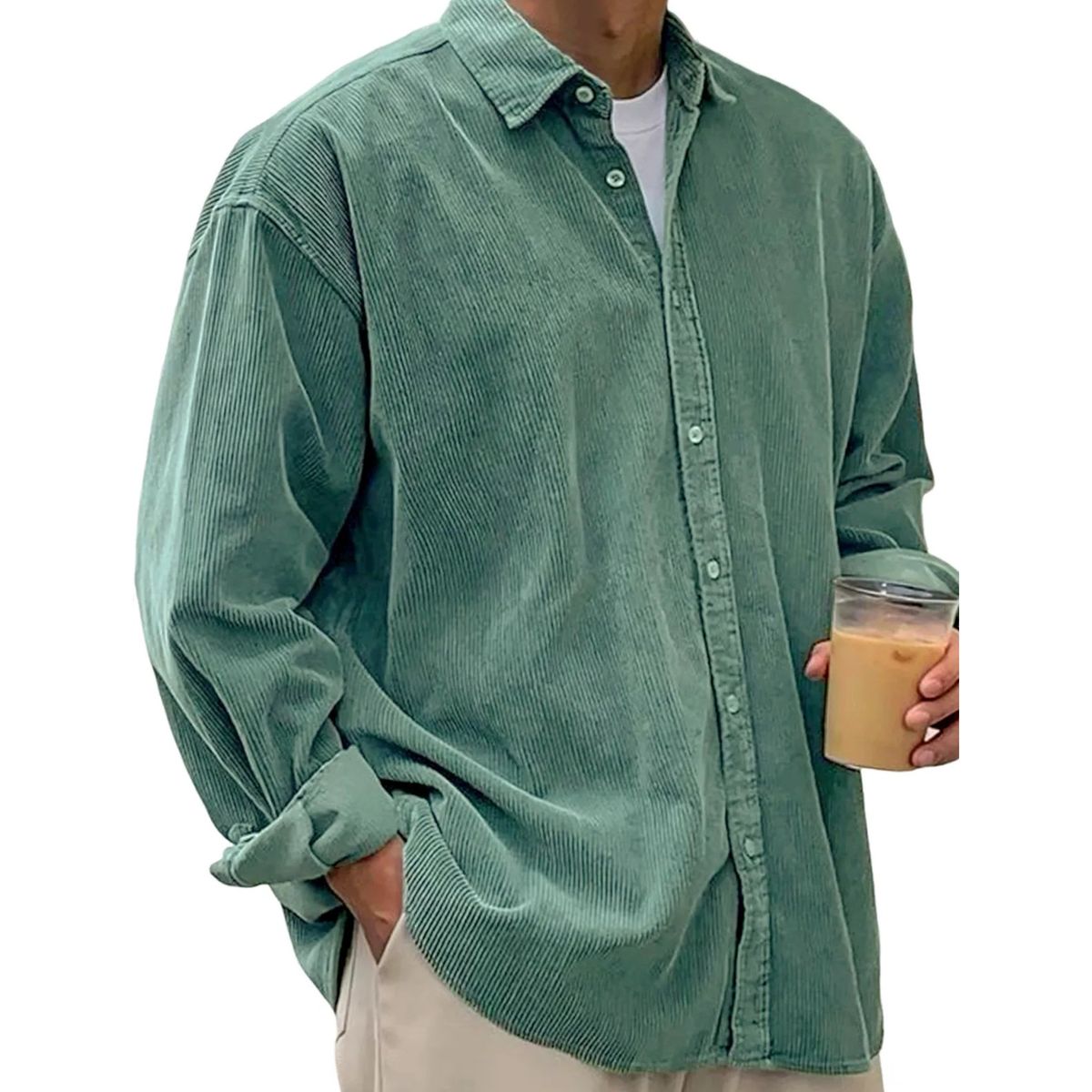 Person wearing a green corduroy shirt holding a drink on a white background