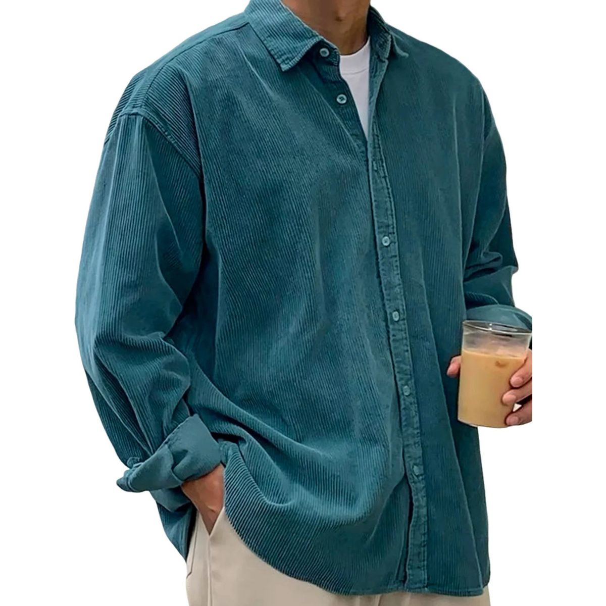 Person wearing a teal corduroy shirt holding a cup on a white background