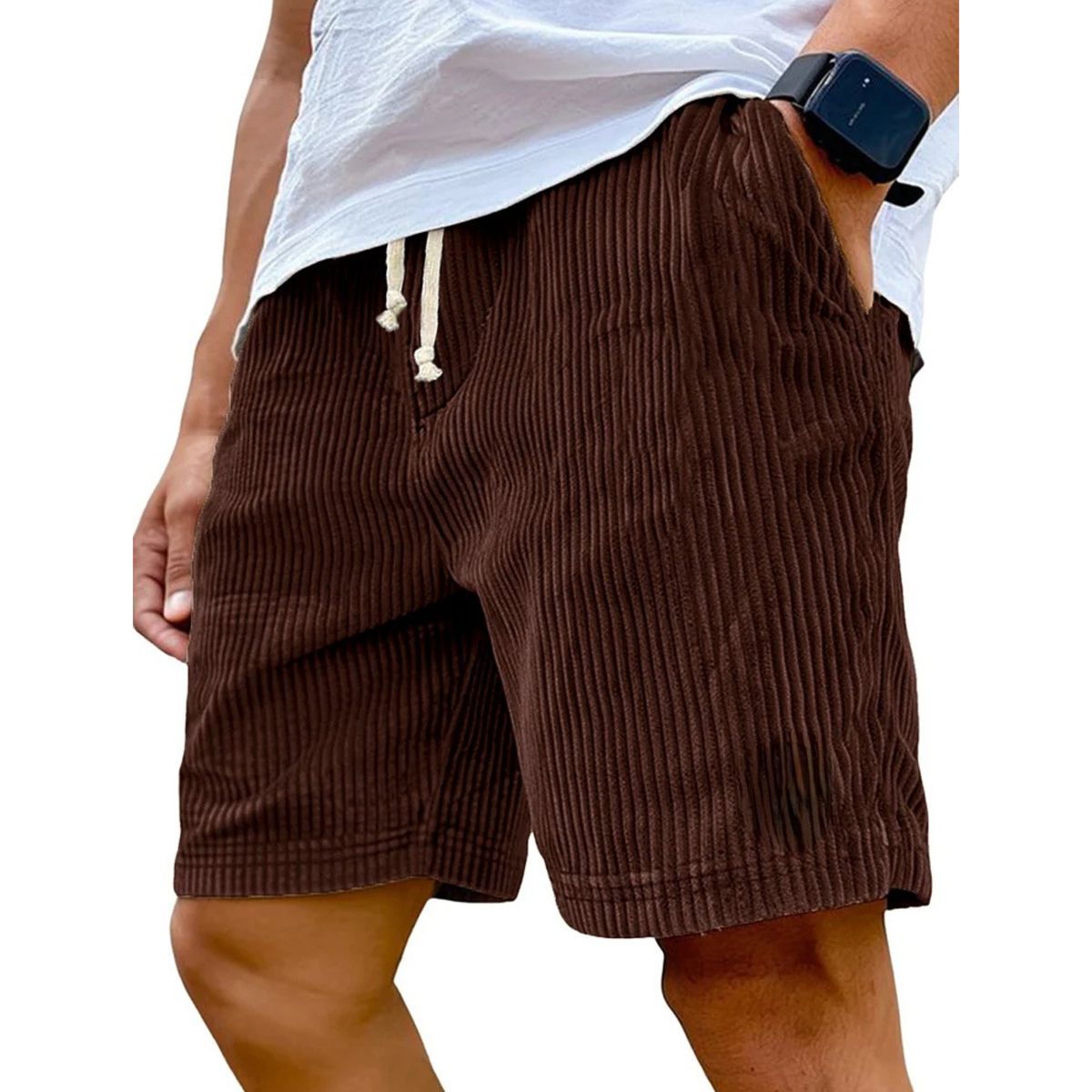 Brown corduroy shorts worn by a person on a white background