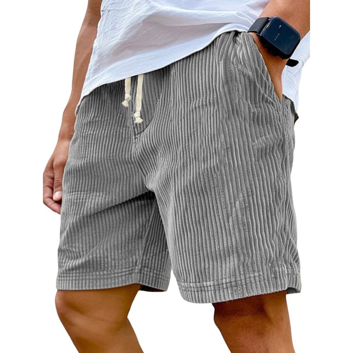 Gray striped shorts worn by a person on a white background