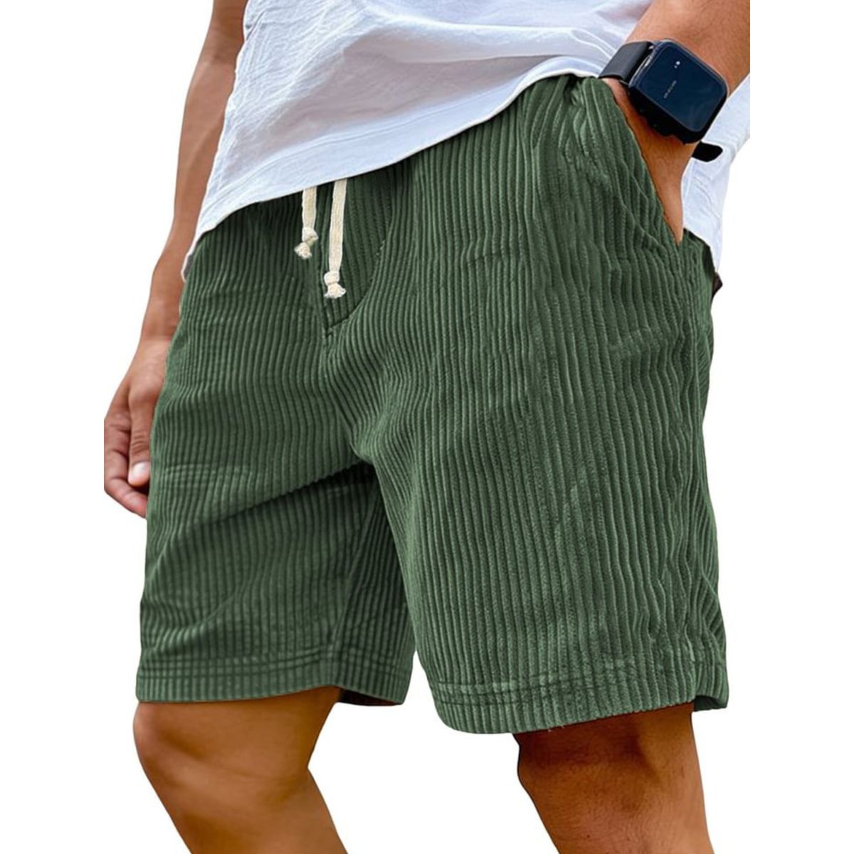 Green striped shorts worn by a person on a white background