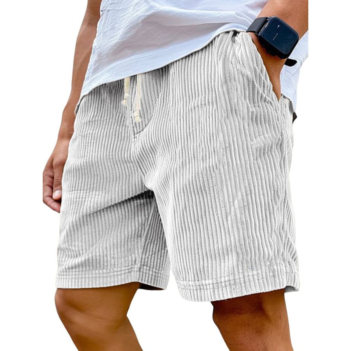 White striped shorts worn by a person on a white background