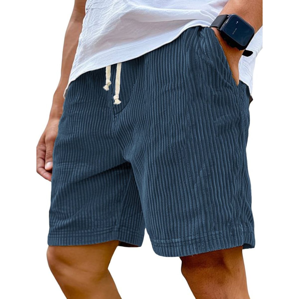 Blue striped shorts worn by a person on a white background