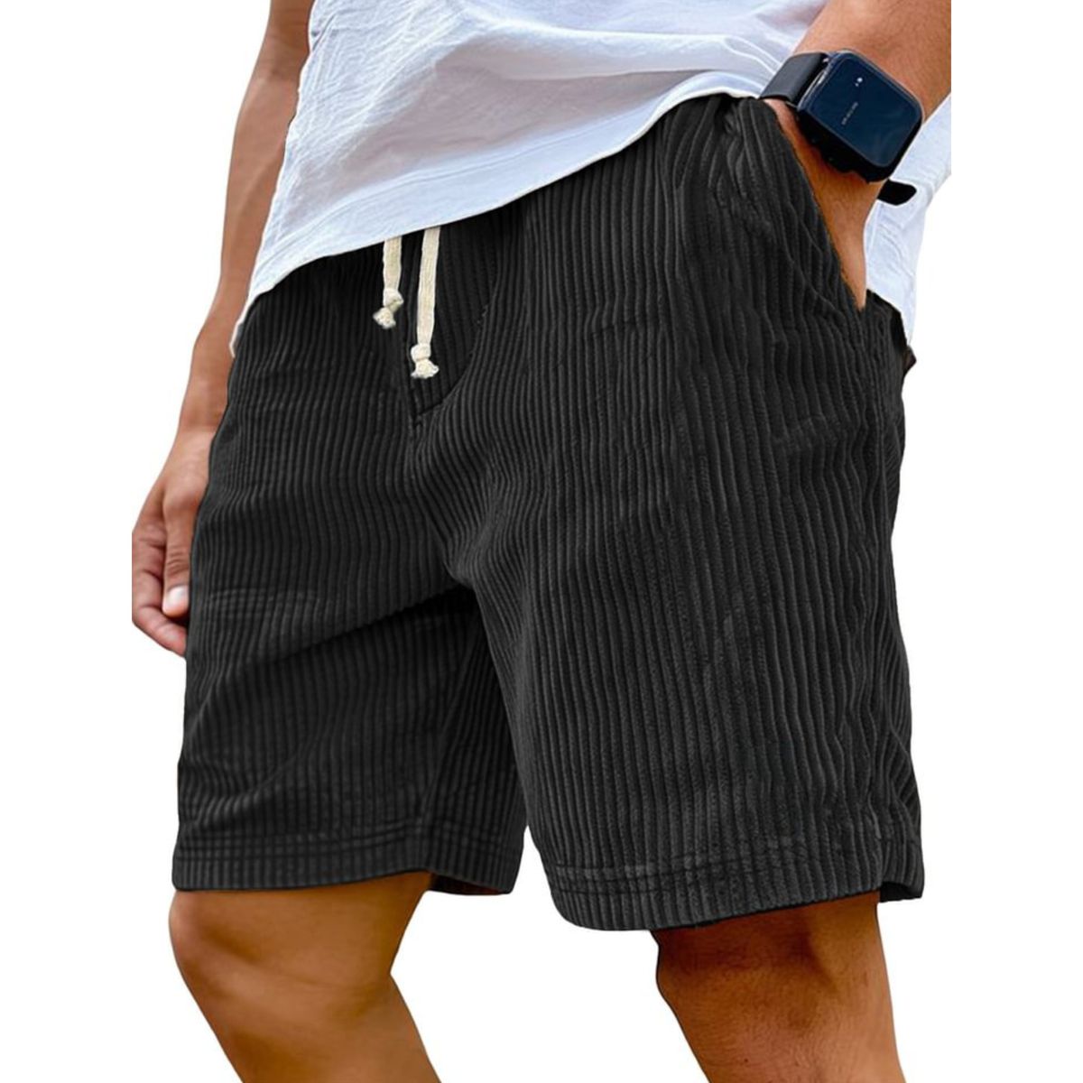 Black striped shorts worn by a person on a white background