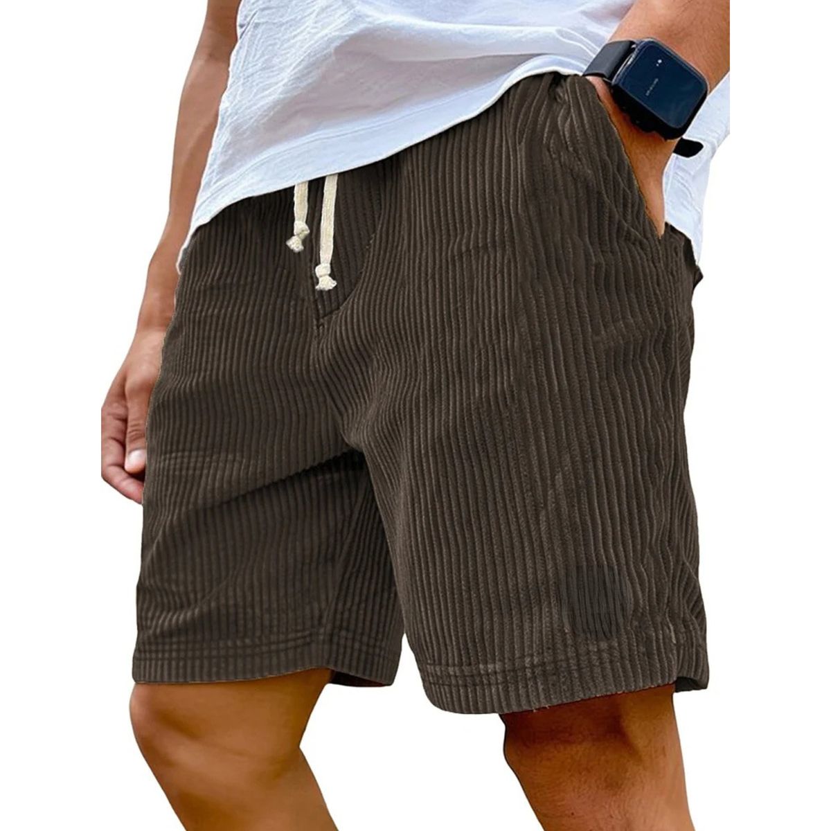 Brown striped shorts worn by a person on a white background