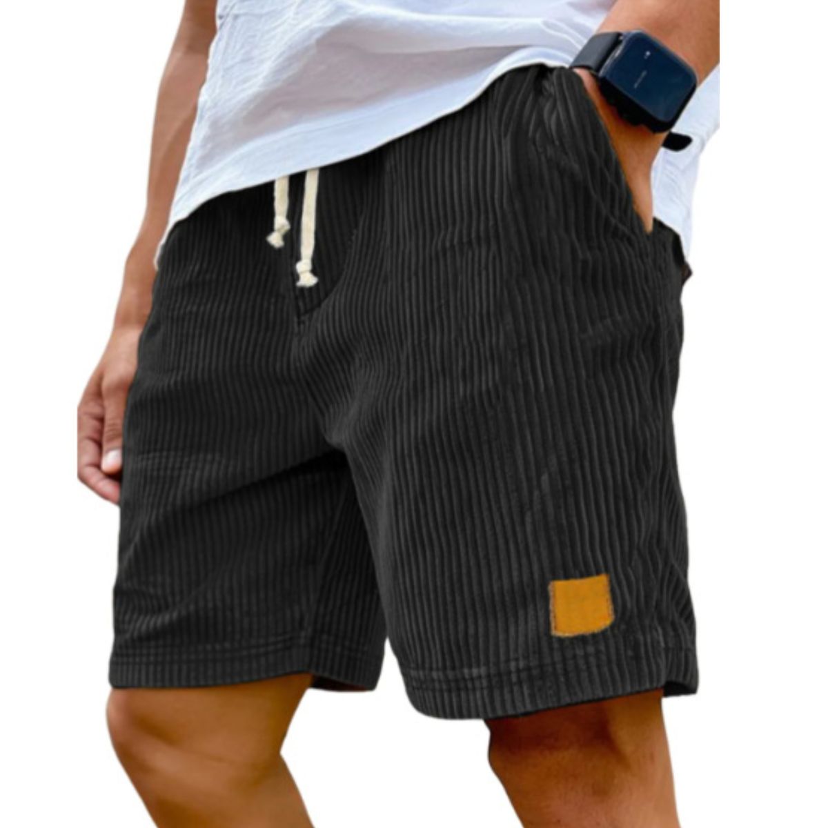 Black striped shorts worn by a person on a white background