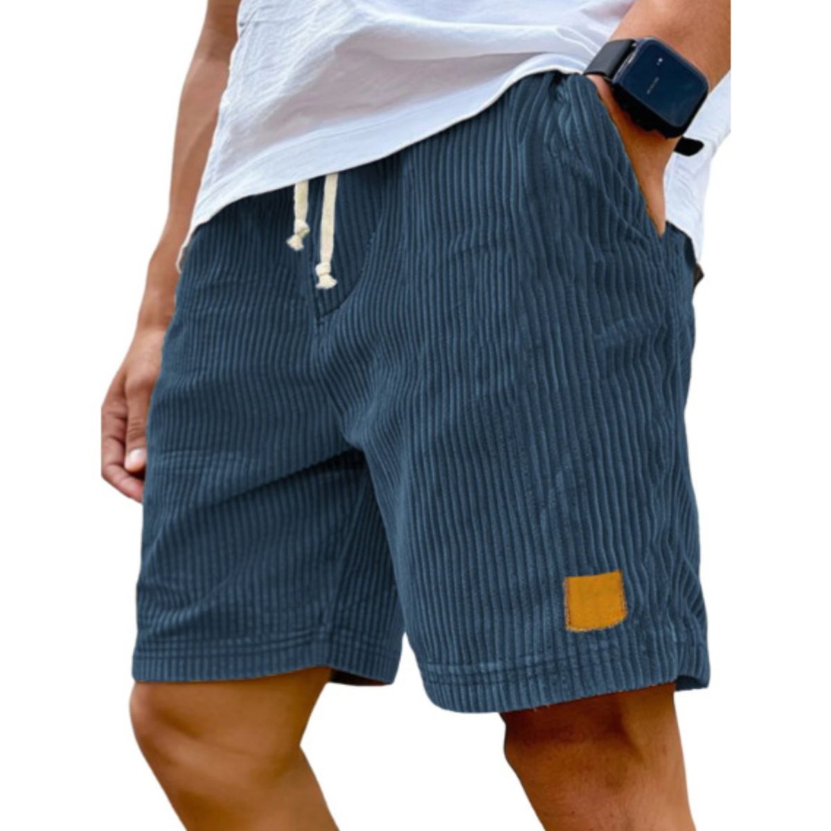 Blue striped shorts worn by a person on a white background