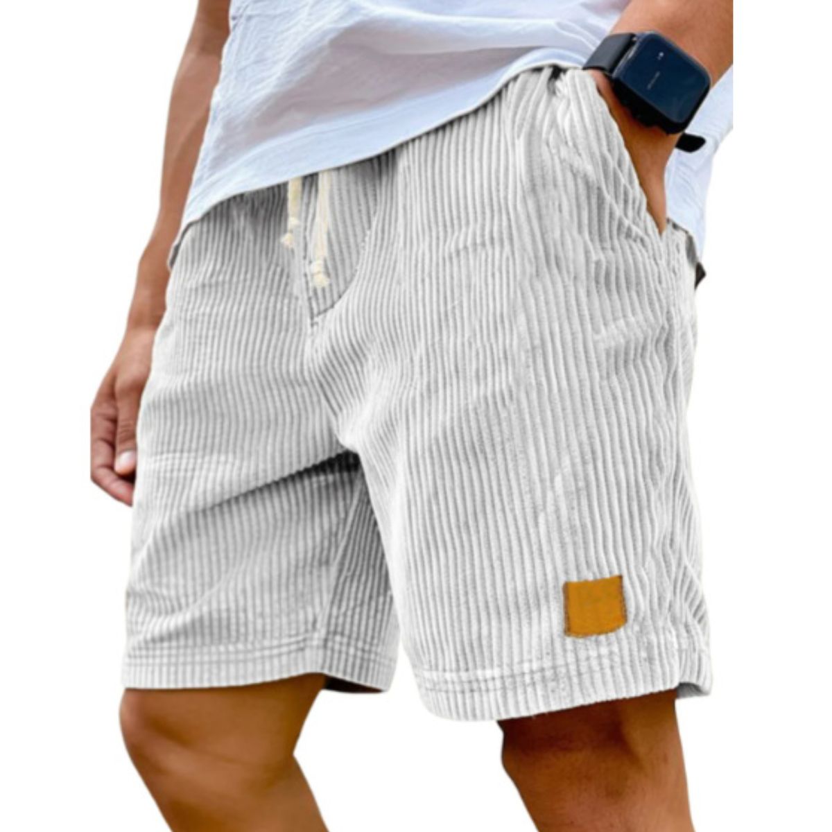 White striped shorts with a pocket detail worn by a person on a white background