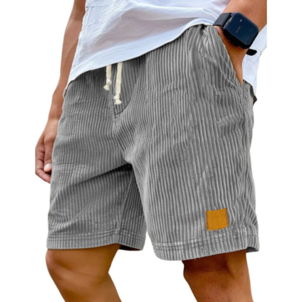 Gray striped shorts worn by a person on a white background