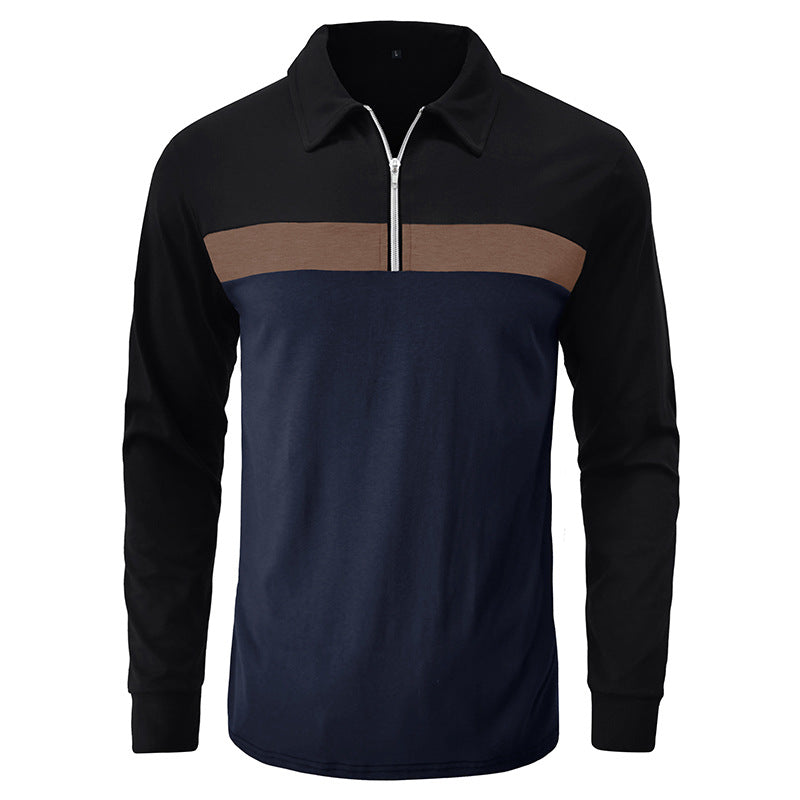 Men's Vintage Color Block Zip Polo Shirt