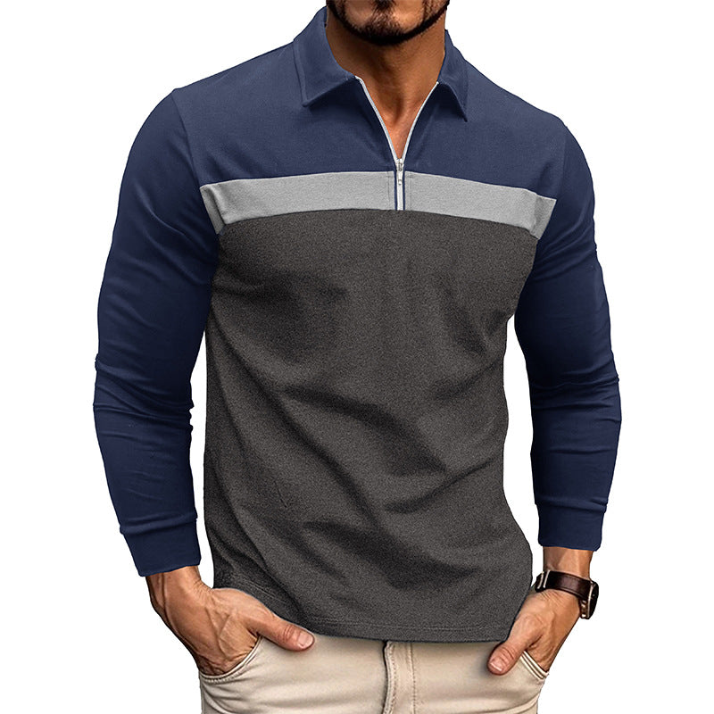 Men's Vintage Color Block Zip Polo Shirt