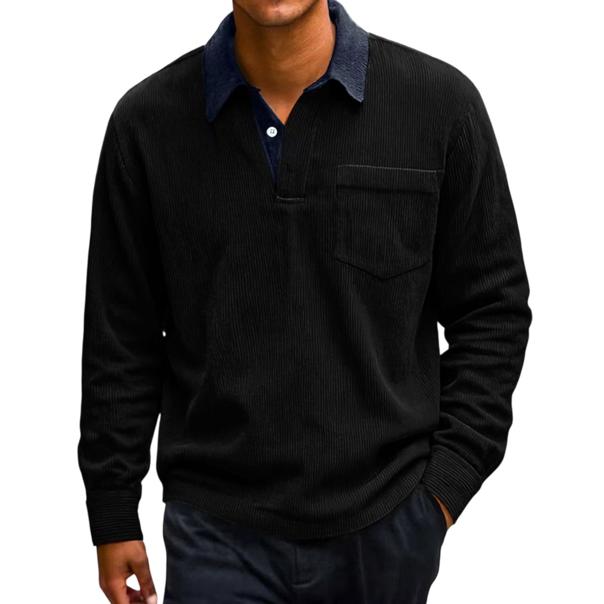 Men’s Vintage Corduroy Contrast-Collar Polo Long Sleeve Shirt