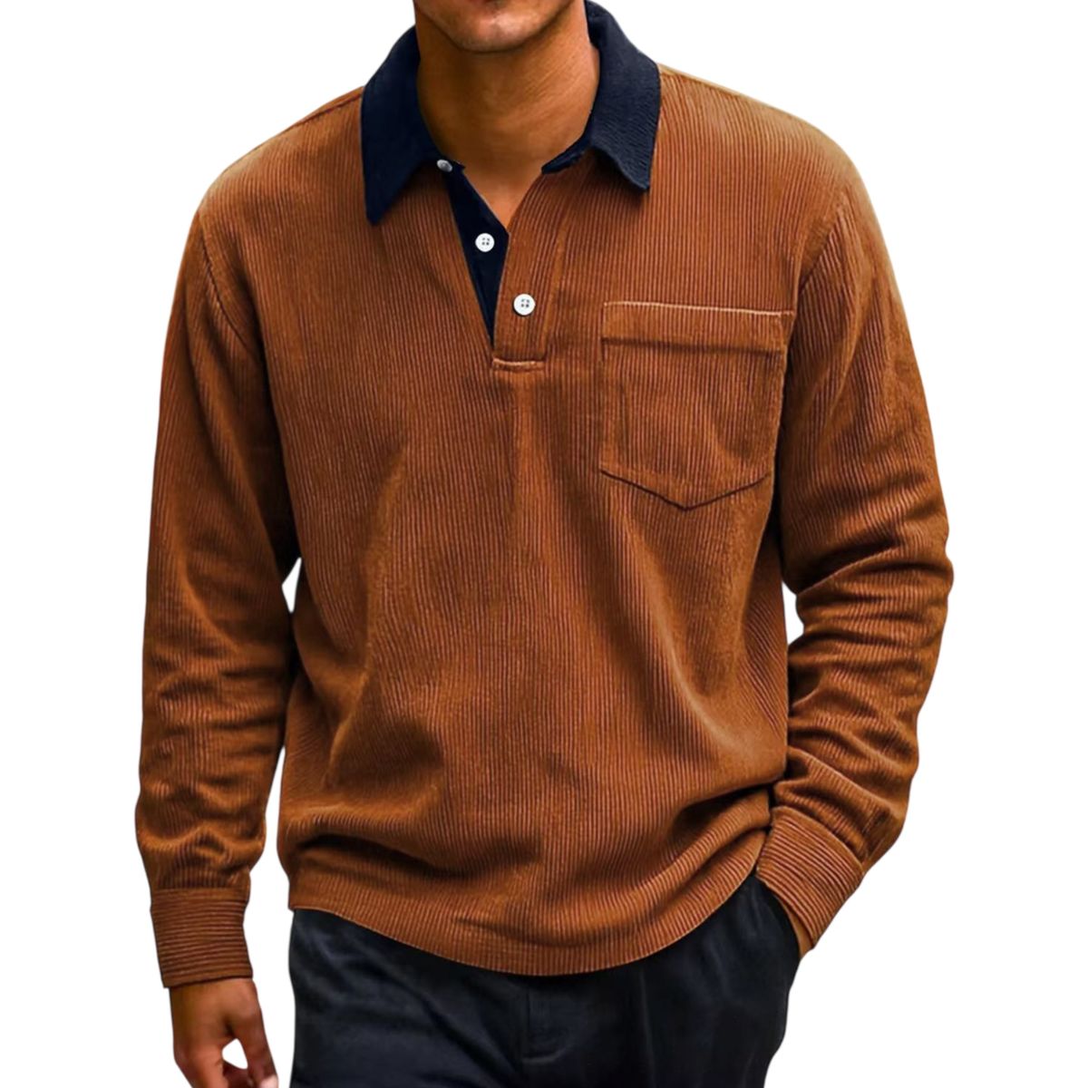 Men’s Vintage Corduroy Contrast-Collar Polo Long Sleeve Shirt