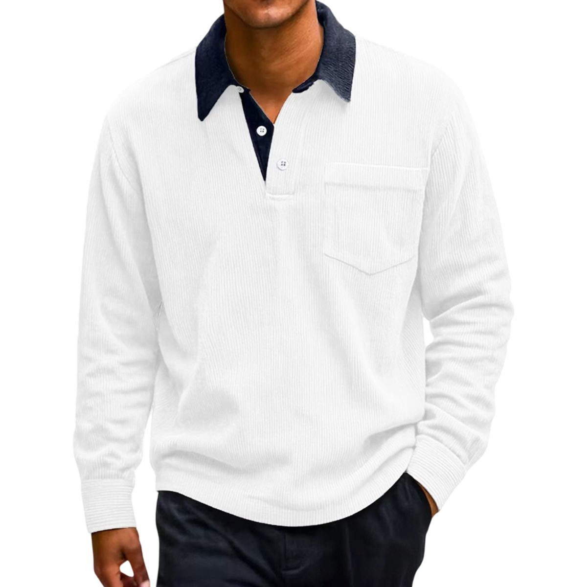 Men’s Vintage Corduroy Contrast-Collar Polo Long Sleeve Shirt