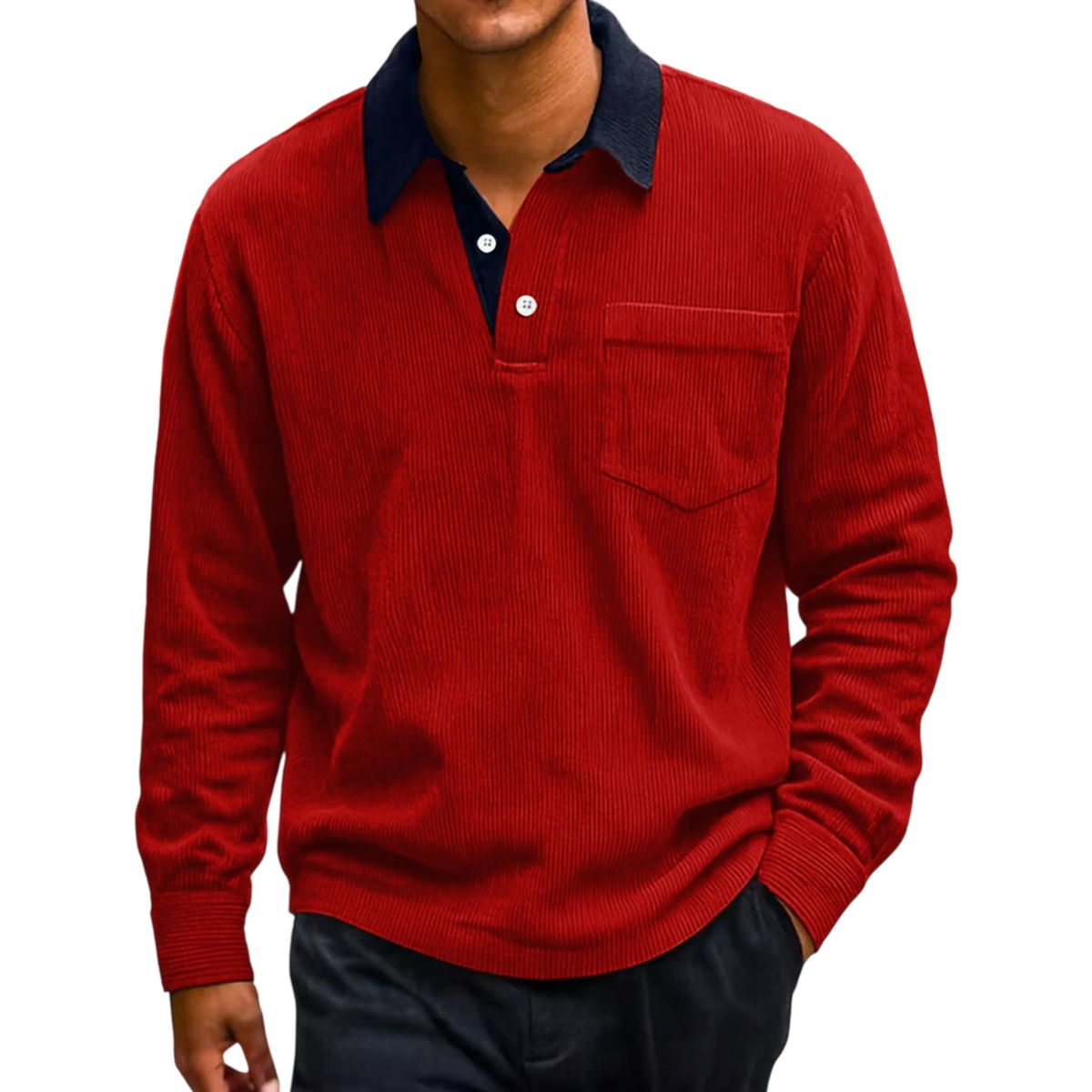Men’s Vintage Corduroy Contrast-Collar Polo Long Sleeve Shirt