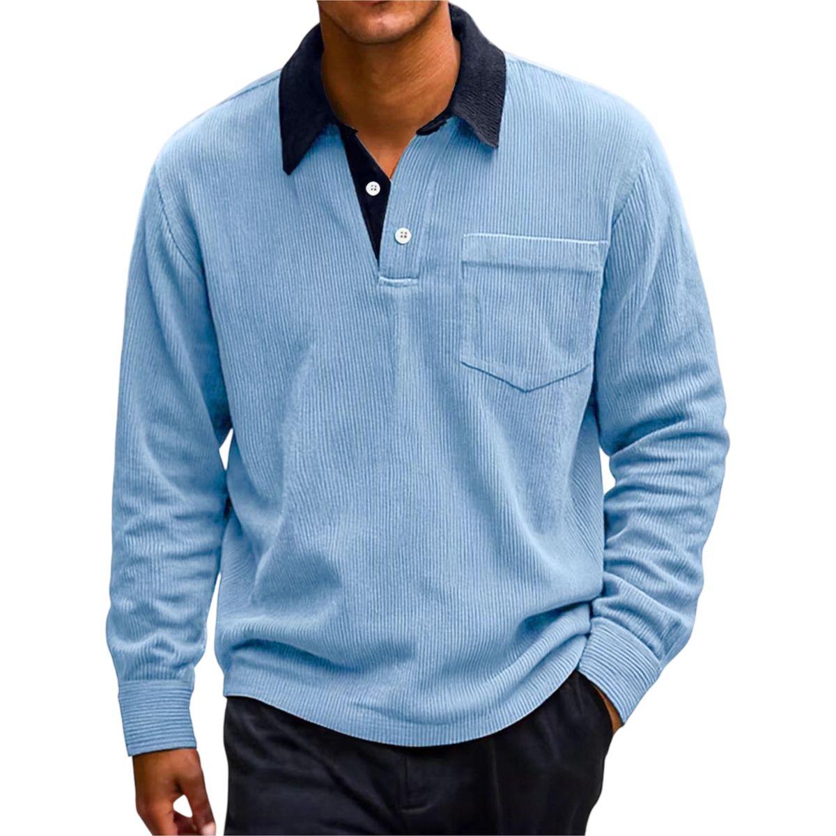 Men’s Vintage Corduroy Contrast-Collar Polo Long Sleeve Shirt