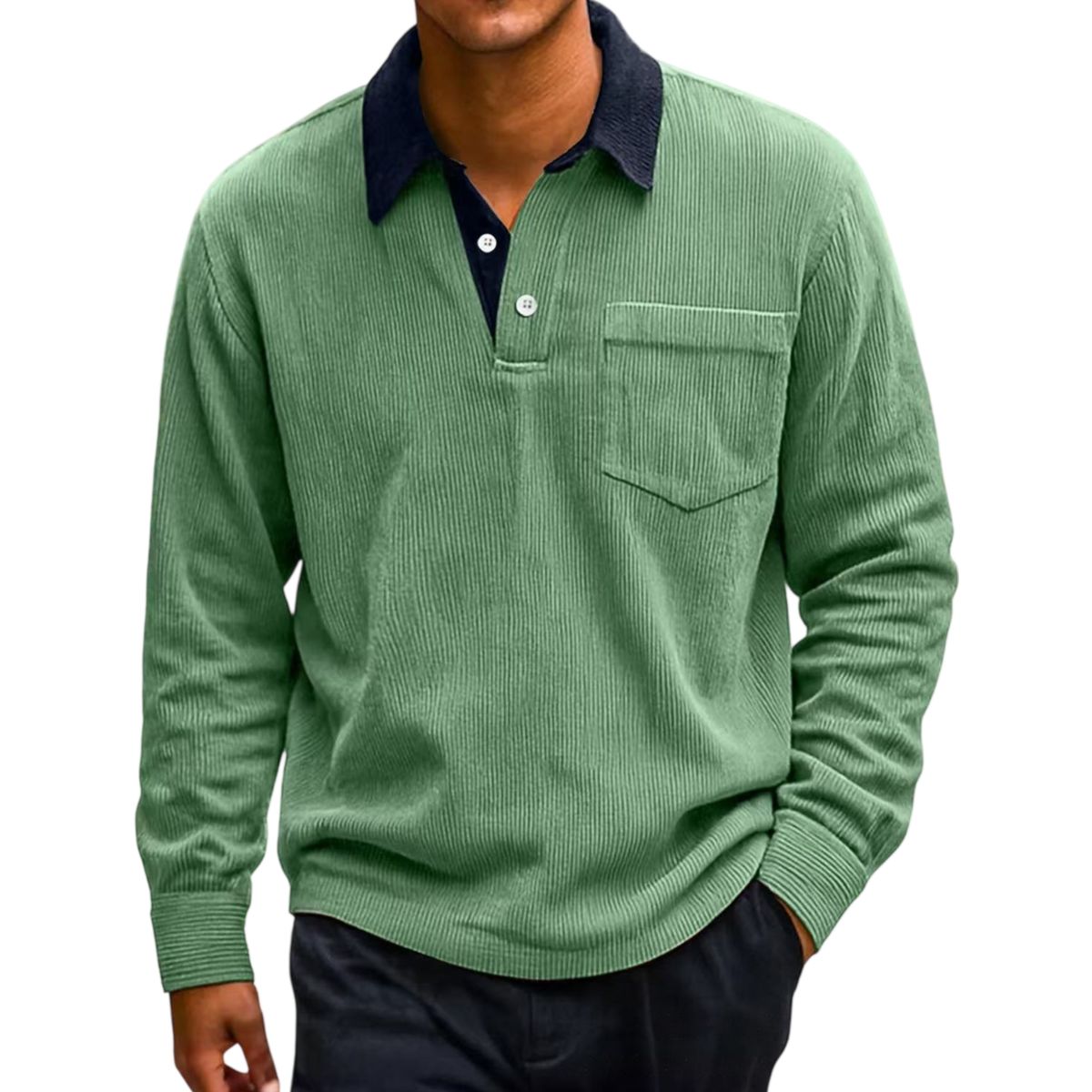 Men’s Vintage Corduroy Contrast-Collar Polo Long Sleeve Shirt