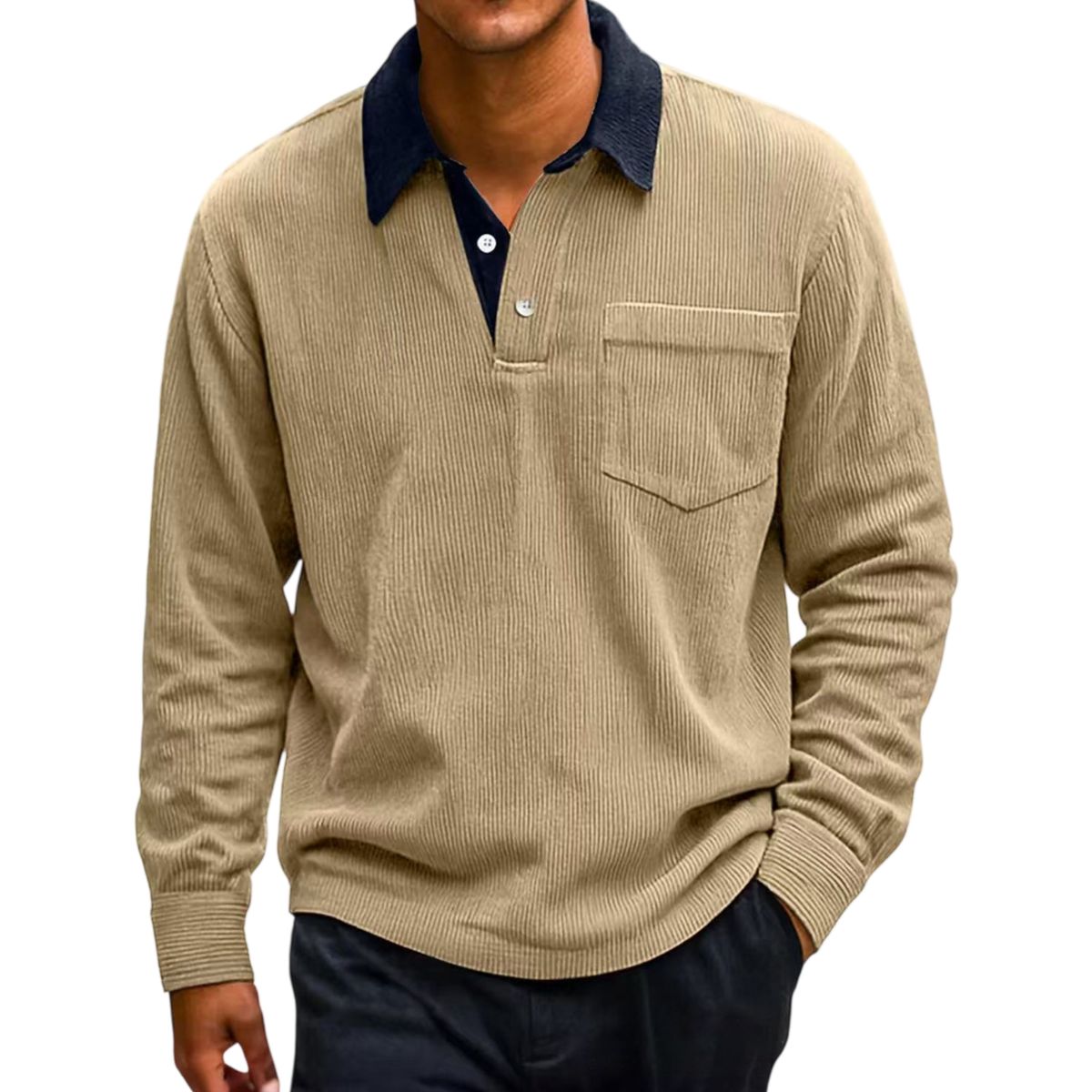 Men’s Vintage Corduroy Contrast-Collar Polo Long Sleeve Shirt