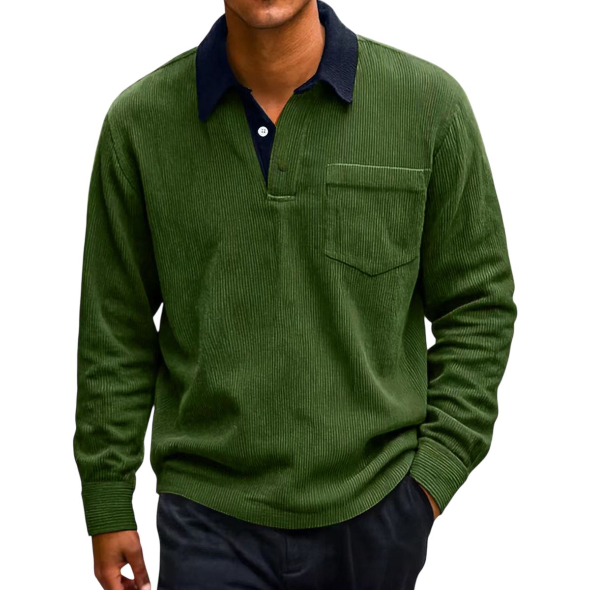 Men’s Vintage Corduroy Contrast-Collar Polo Long Sleeve Shirt