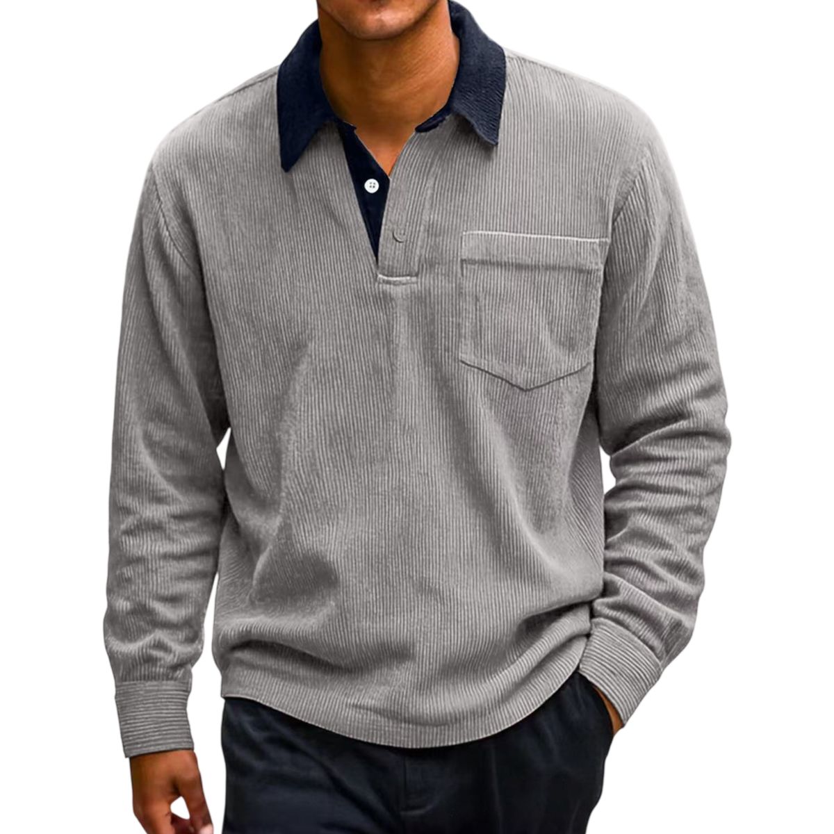 Men’s Vintage Corduroy Contrast-Collar Polo Long Sleeve Shirt