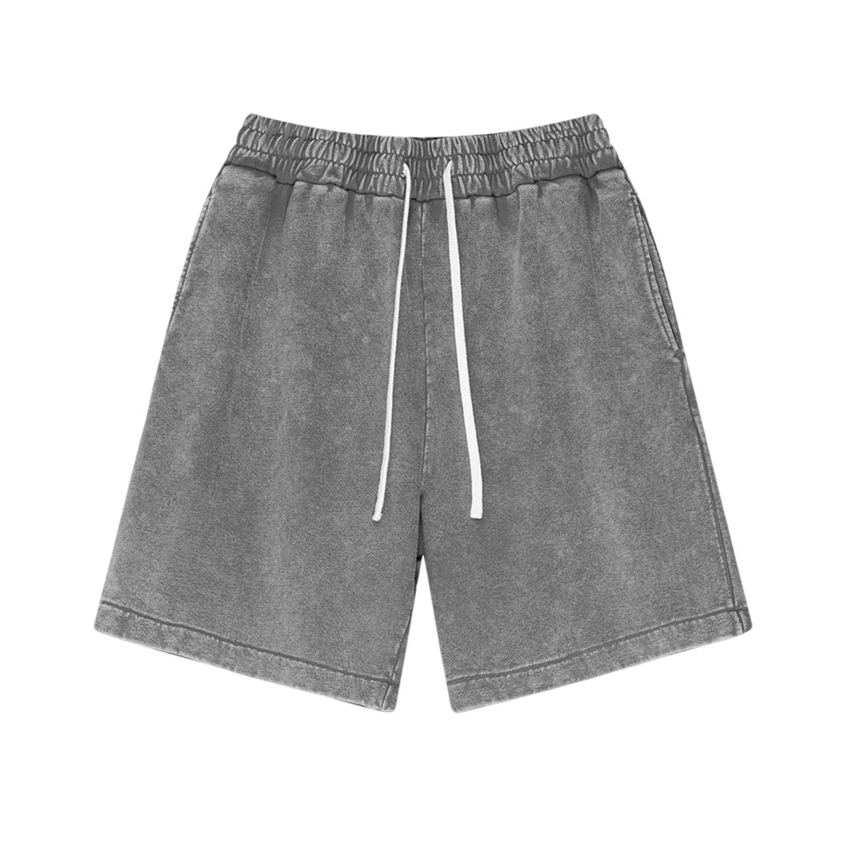 Gray shorts with a drawstring on a white background