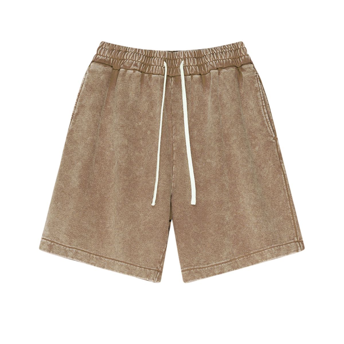 Brown shorts with a drawstring on a white background