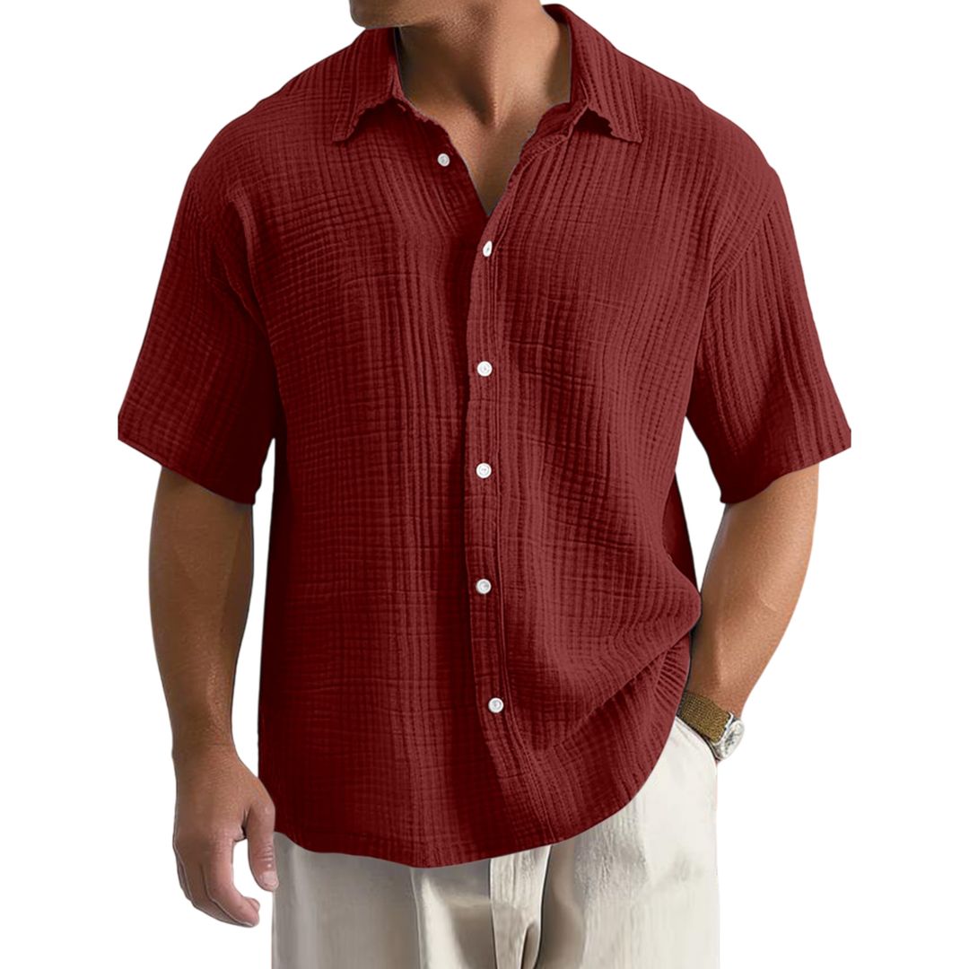 Men's Casual Crinkle Cotton Short Sleeve Shirt