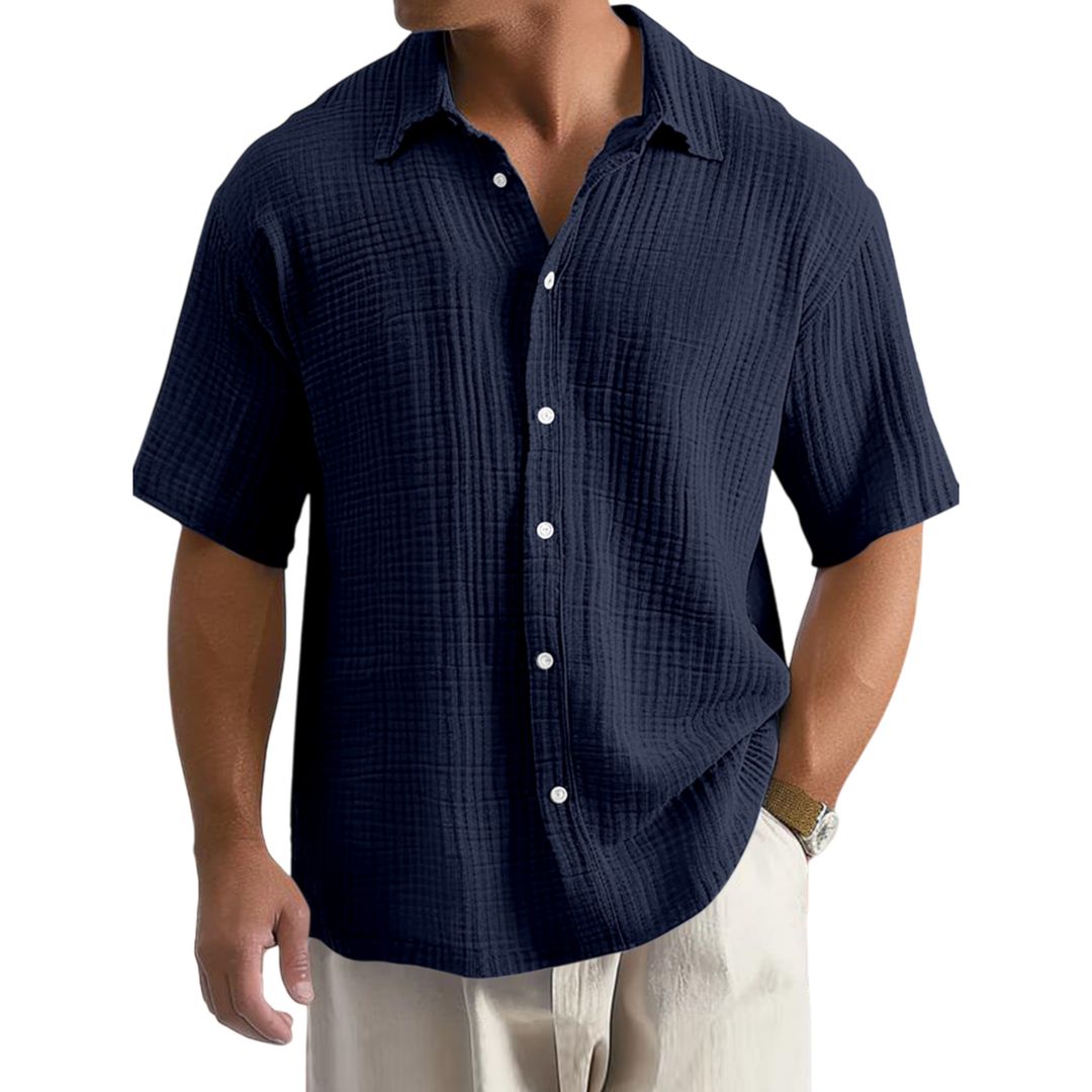 Men's Casual Crinkle Cotton Short Sleeve Shirt