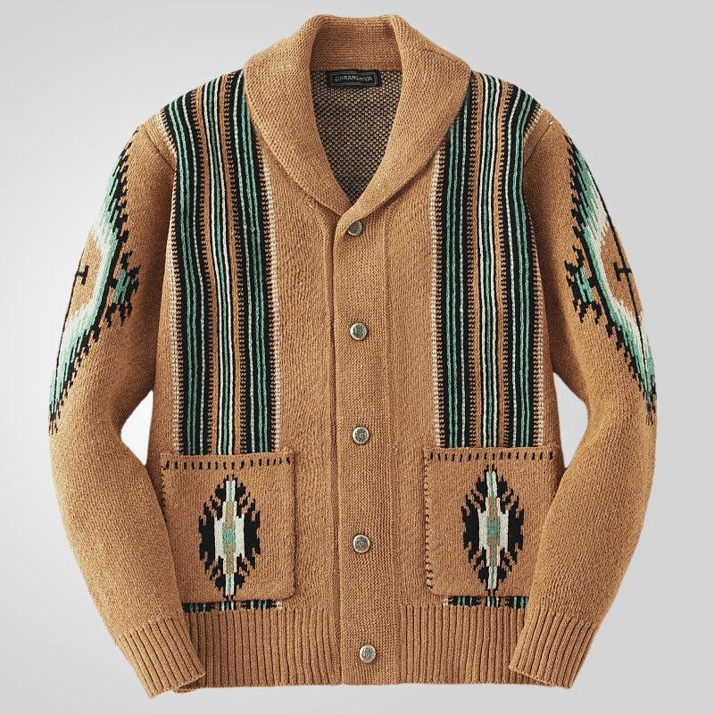Men's Vintage Jacquard Lapel Long Sleeve Knit Cardigan