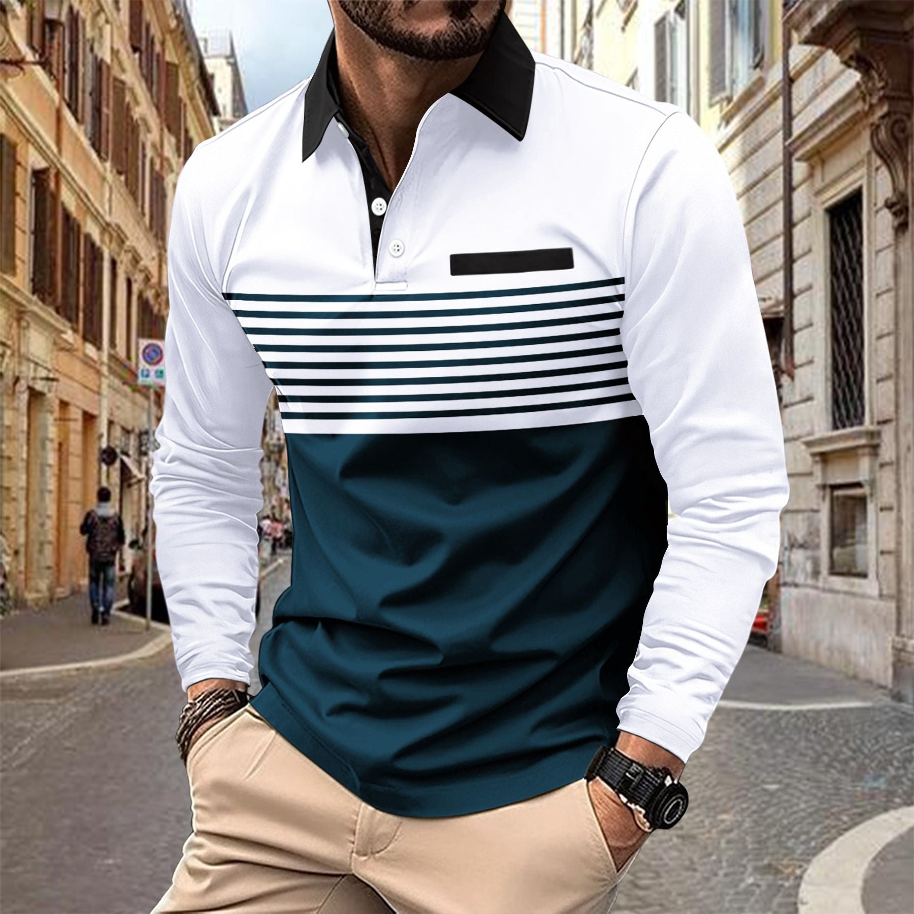 Men's Premium Striped Long Sleeve Polo Shirt