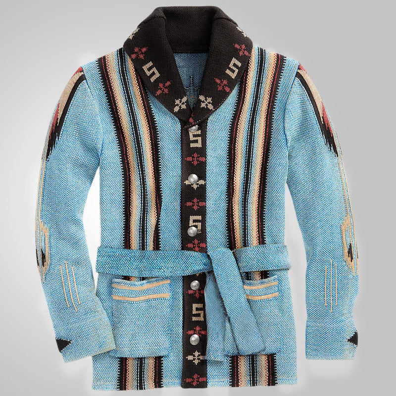 Men's Vintage Jacquard Lapel Long Sleeve Knit Cardigan