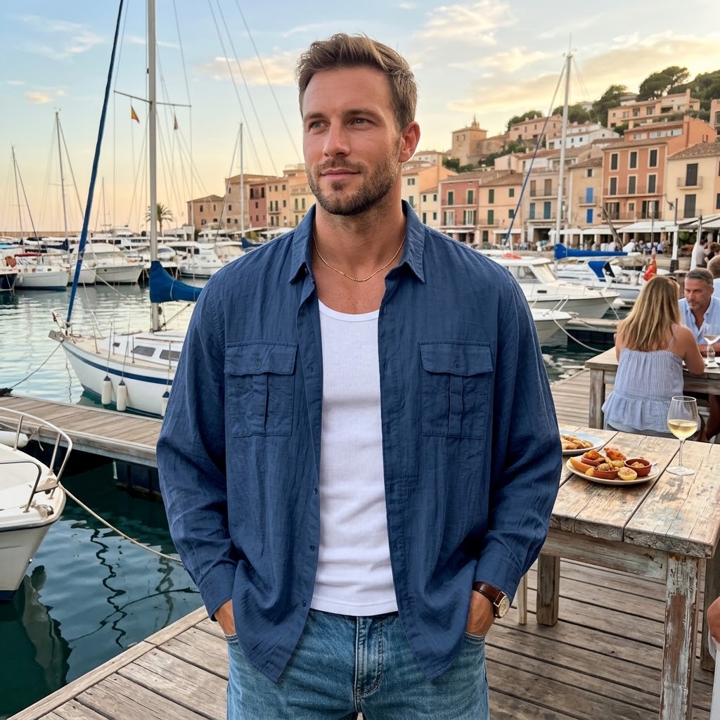 Herren-Leinen-Shirtjacke mit mehreren Taschen