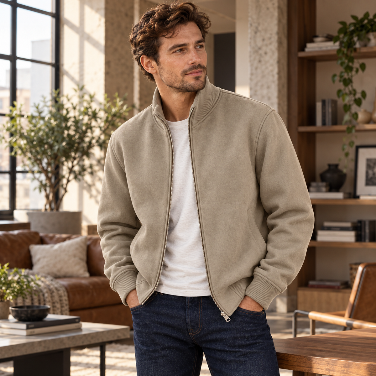 Men's Suede Stand Collar Zip-Up Jacket