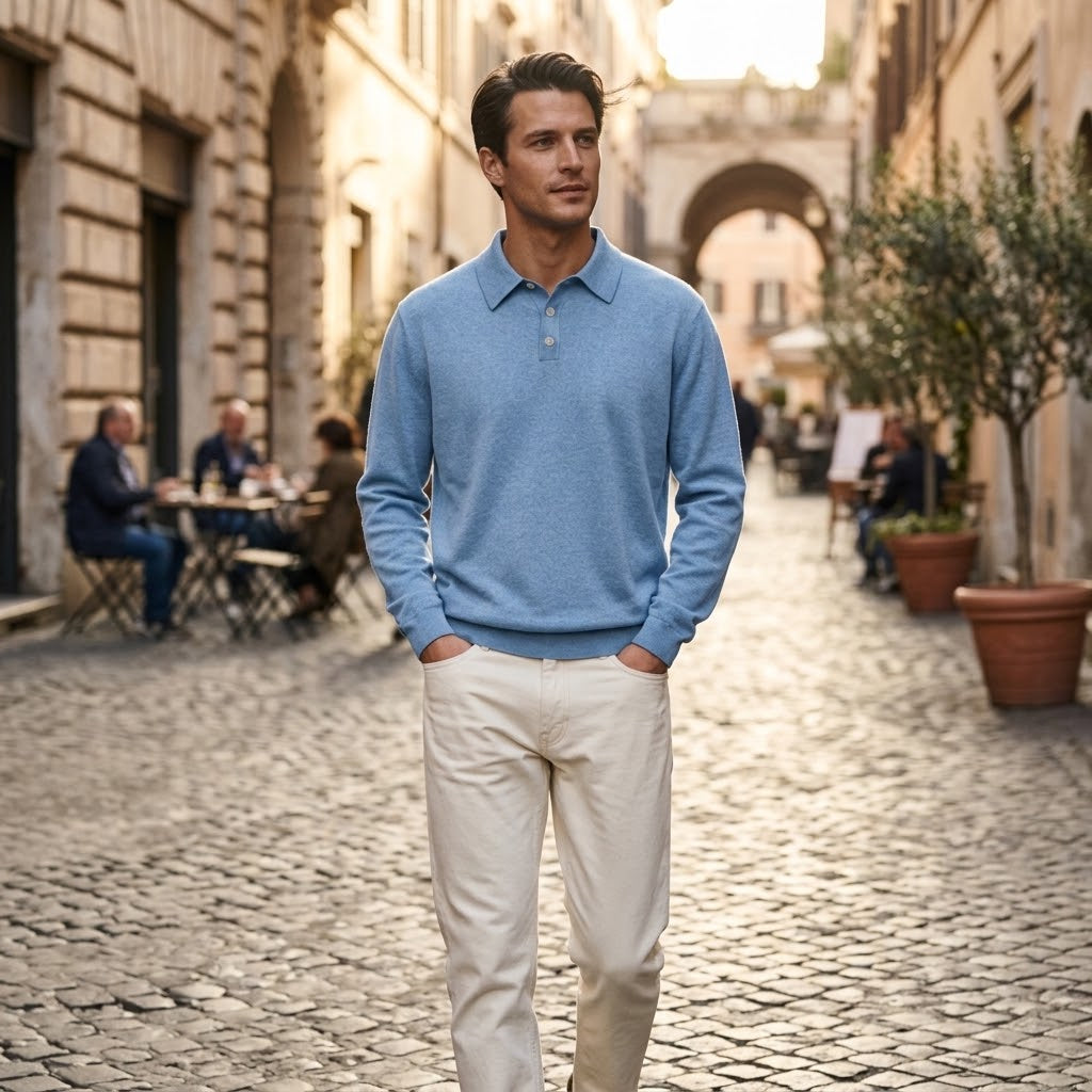 Men's Thermal Long Sleeve V-Neck Button Polo Shirt