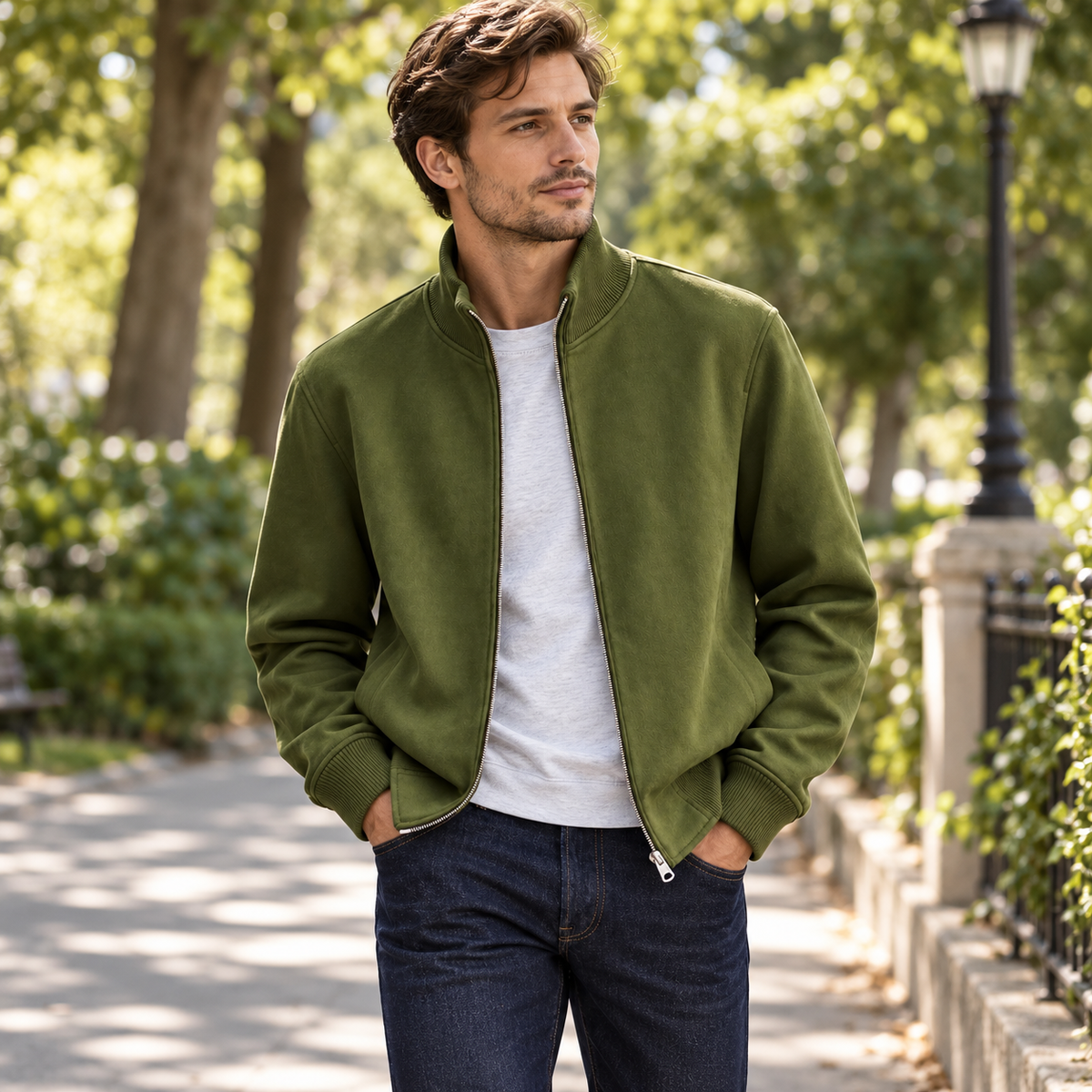 Men's Suede Stand Collar Zip-Up Jacket