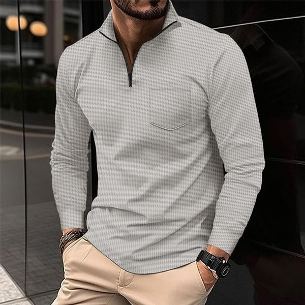 Men's Zip Long Sleeve Waffle Polo Shirt